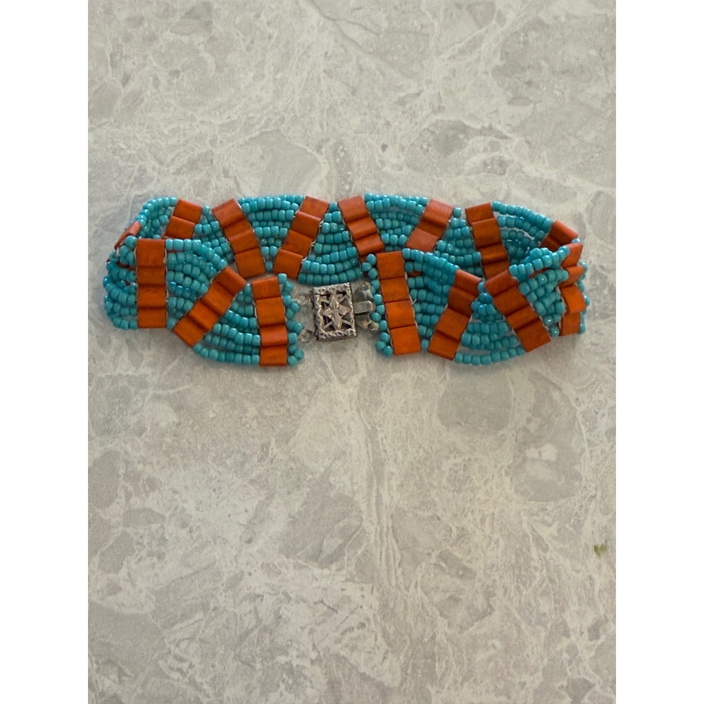 Boho/Navajo inspired Turquoise Orange Bead wavy Bracelet Silver Clasp 7i